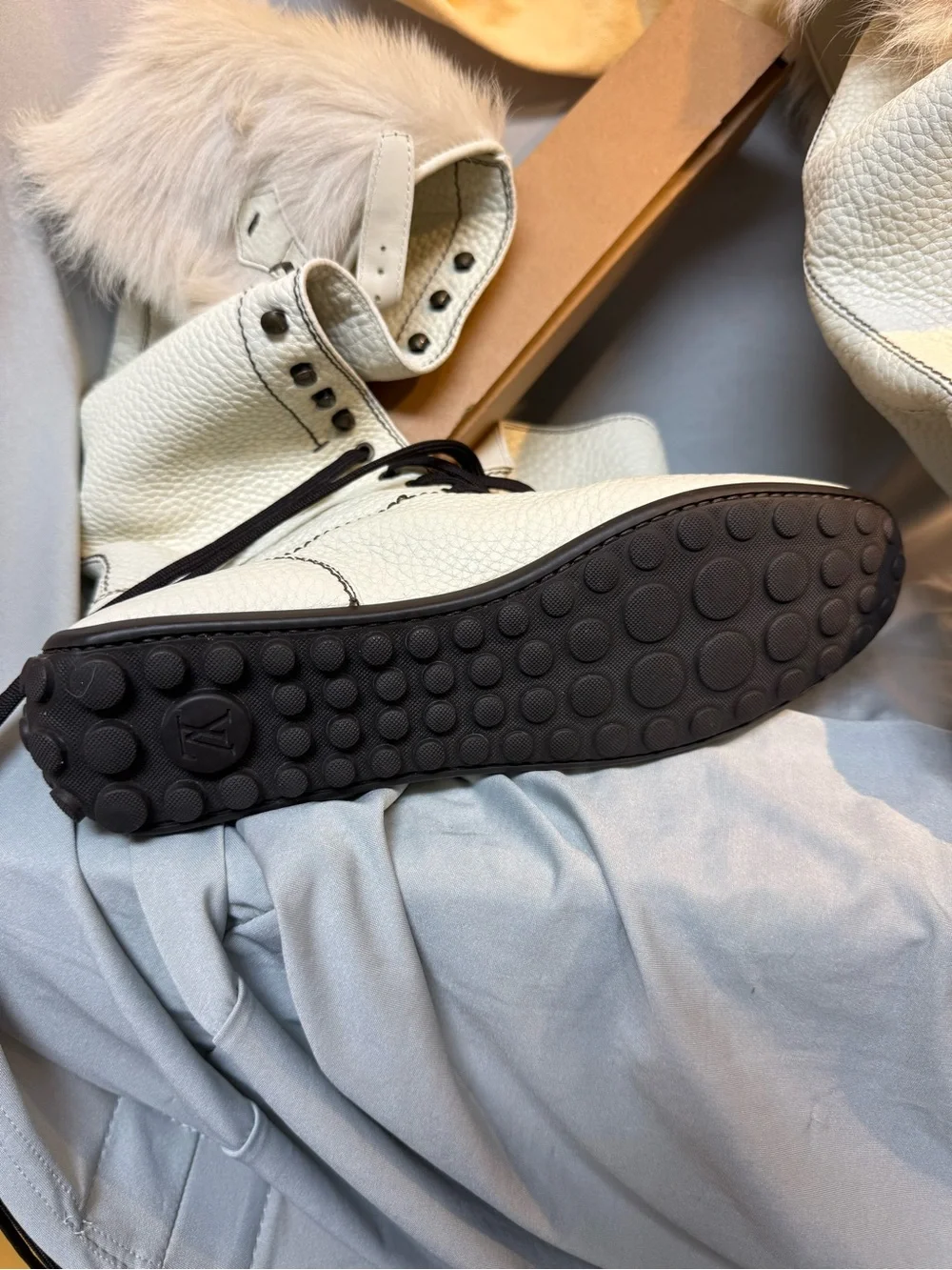 Louis Vuitton Cream Leather Fur-Trim Lace-Up Boots